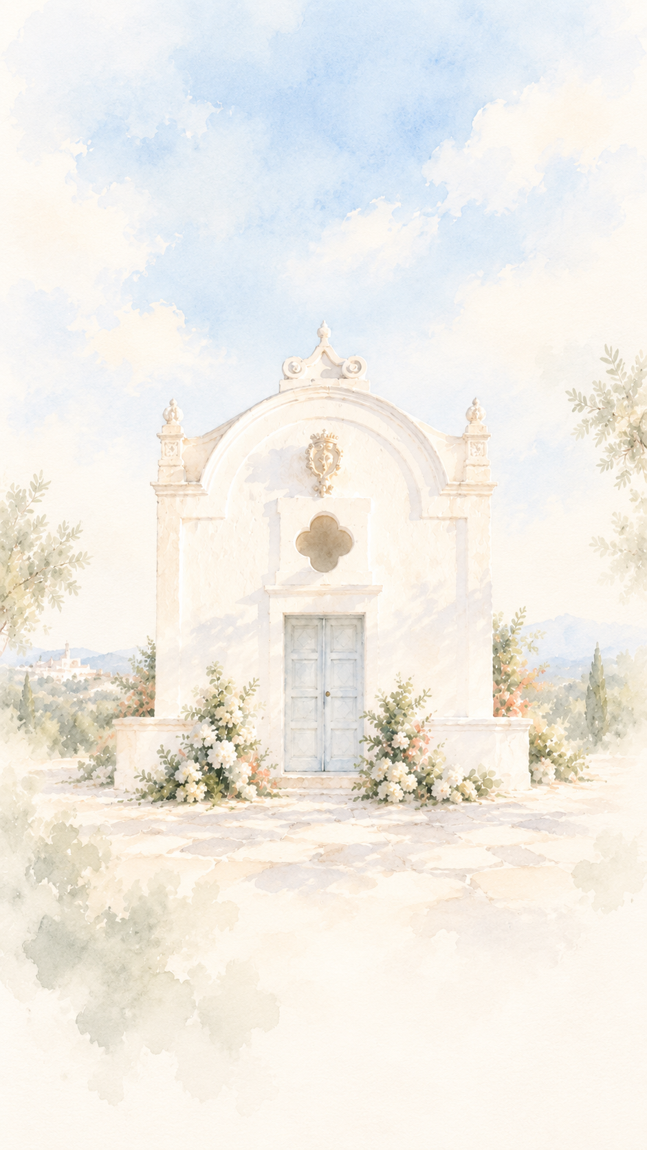 Acquerello di una chiesetta color avorio, incorniciata da fiori e ulivi sotto un cielo azzurro tenue: un piccolo indizio del nostro giorno speciale.